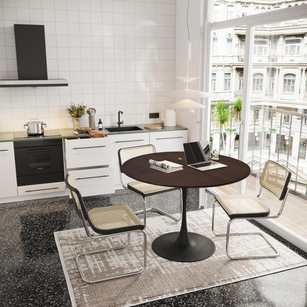 OCACA 47,24" Modern Round Dining Table, Four Patchwork Tabletops with Solid Wood Grain Table Top, Metal Base Dining Table, End Table Leisure Coffee Table (marrone)