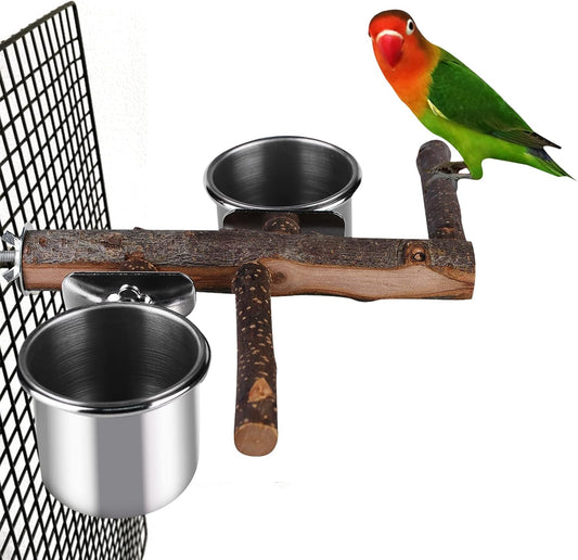 ZUOLUN Bird Feeding Dish Cups, Hanging Stainless Steel Parakeet Feeder, Feeder for Cage & Watering Supplies with Natural Wood Perch Platform Cockatiels Conure Budgies Lovebird Finch, Silver