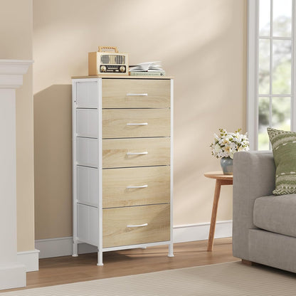 WOLTU Fabric Bedroom Chest of Drawers 5 Drawer Chest of Drawers for Hallway Bedroom Living Room Vintage Style Metal MDF Frame SSK004whe