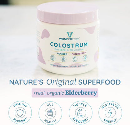 Colostrum Supplement Powder for Gut Health, Immune Support, Muscle Recovery & Wellness | Natural IgG Pure Whole Bovine Colostrum Superfood, Elderberry, 60 Servings