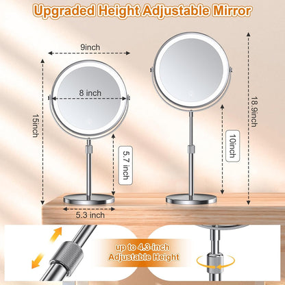 Lighted Makeup Mirror with Height Adjustable, 9” Rechargeable LED Magnifying Mirror with 3 Dimmable Colors, 1X 10X Double Sided Vanity Mirror with Lights, 360° Rotation Touch Screen Makeup Mirror