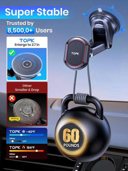 TOPK Magnetic Car Phone Holder for Windshield and Dashboard, [Strong Suction] Adjustable Long Arm Phone Holder with Stronger Magnet for Mobile Phones