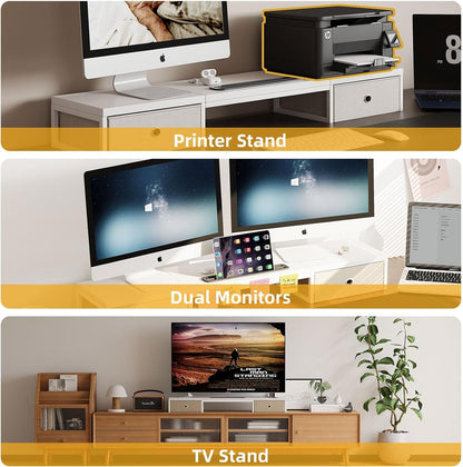 Mexin Dual Monitor Stand Riser with 2 Drawers, 39 Inch Extra Long Wood Desk Organizer, Desktop Riser for Laptop, Printer, Computer, TV, Perfect for Home Office, White