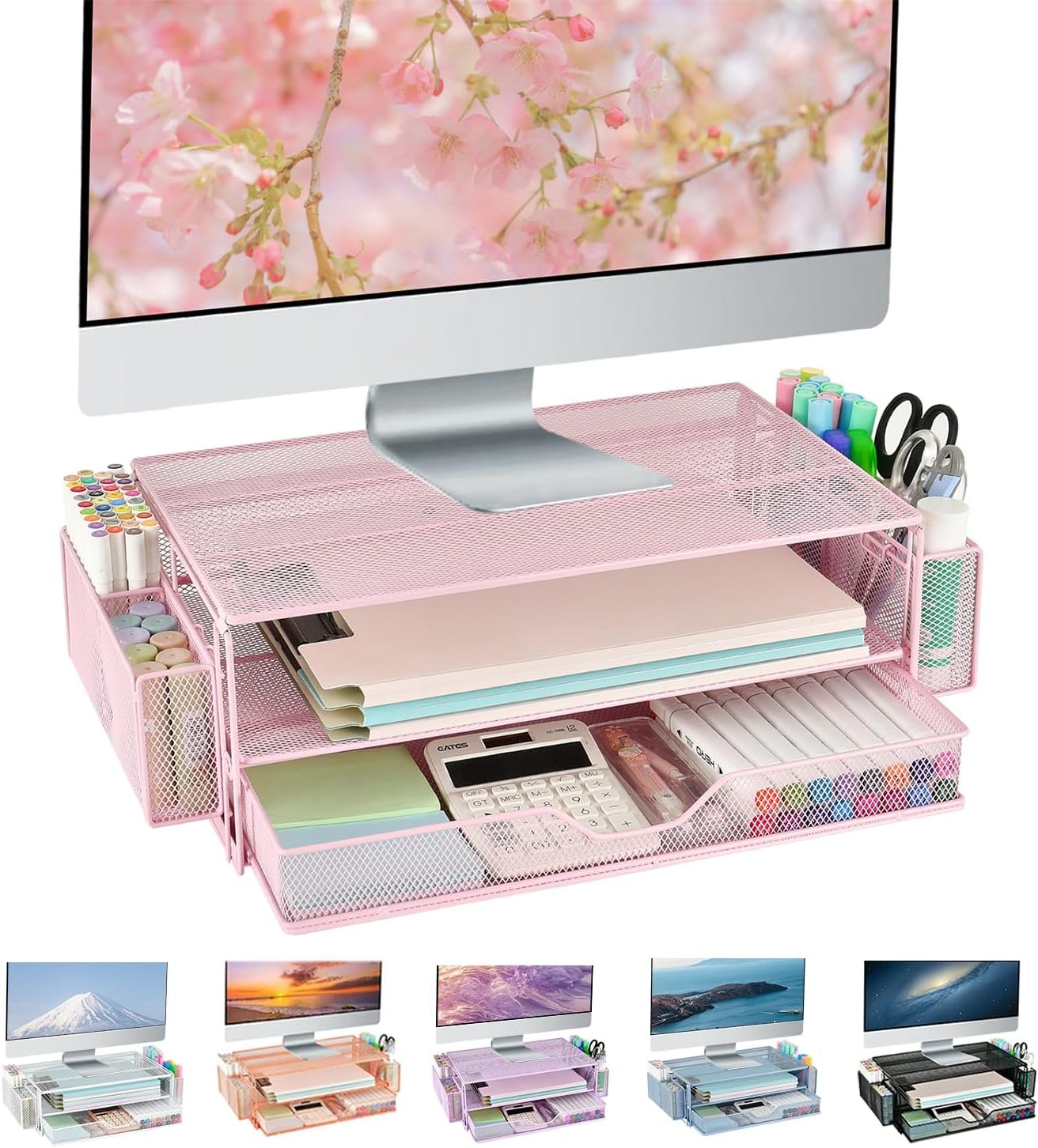 AUPSEN Computer Monitor Stands Riserï¼Œ2-Tier Desk Organizers and Accessories, Office Desk Accessories Organizer with Drawers and 2 Pen Holder for Office Supplies (Pink)