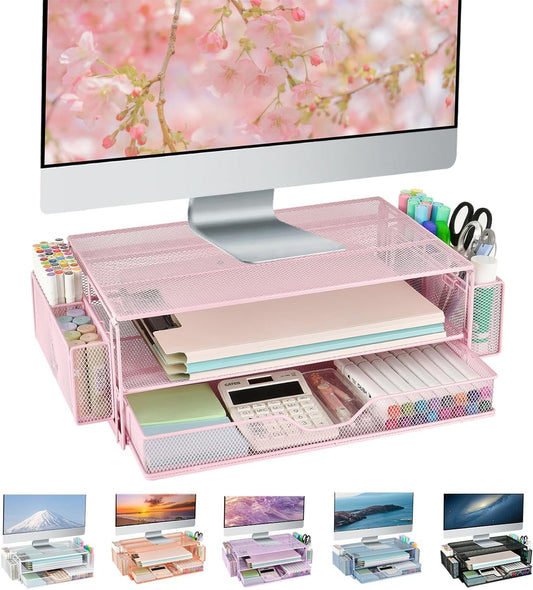 AUPSEN Computer Monitor Stands Riserï¼Œ2-Tier Desk Organizers and Accessories, Office Desk Accessories Organizer with Drawers and 2 Pen Holder for Office Supplies (Pink)