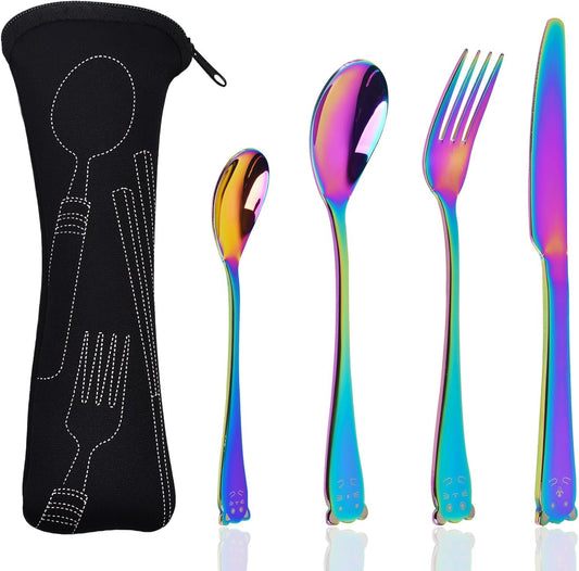 Rainbow Travel Silverware Set with Case, Portable Reusable Utensils Forks Spoons and Knives Set with Case, Stainless Steel Flatware for Camping Picnic Office or School Lunch, Dishwasher Safe
