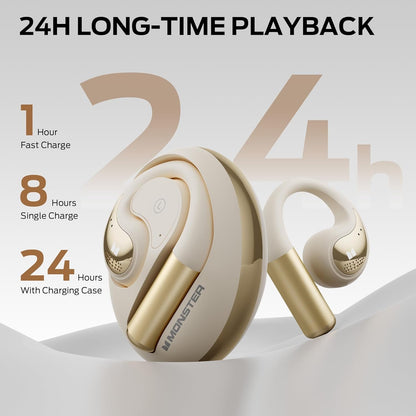 Monster Open Ear AC335 Headphones, Bluetooth 5.4 Wireless Headphones with Stereo Sound, 24H Playback, Crystal Clear Calls, Stylish Rotating Case with Lanyard, Sweat Resistant Open Ear Wireless Earbuds