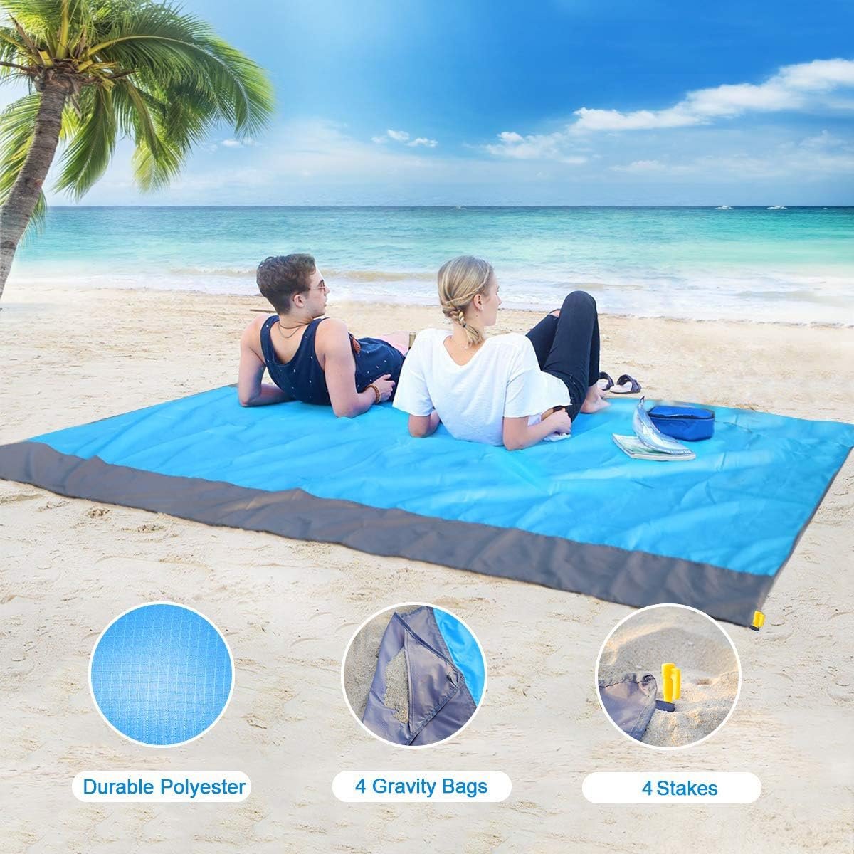VASLON Beach Blanket 79 * 55inch, Sand Proof and Water Resistant, Pocket Picnic Blanket for Outdoor Travel Camping Festival Sports