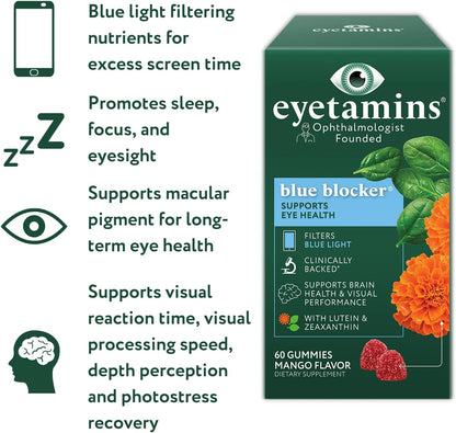 Eyetamins Blue Blocker® Eye Health - 60 Lutein Gummies - Ophthalmologist-Developed - Support Vision, Filter Blue Light & Help Eye Strain - Promotes Sleep, Focus Eyesight – Vegan & Non-GMO Formula