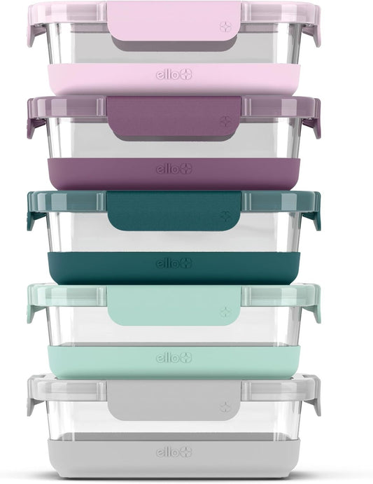 Ello Duraglass Refresh 3.4 Cup Meal Prep Sets 10Pc, 5 Pack Set- Glass Food Storage Container with Silicone Boot and Airtight BPA-Free Plastic Lids, Dishwasher, Microwave and Freezer Safe, Garden Goals