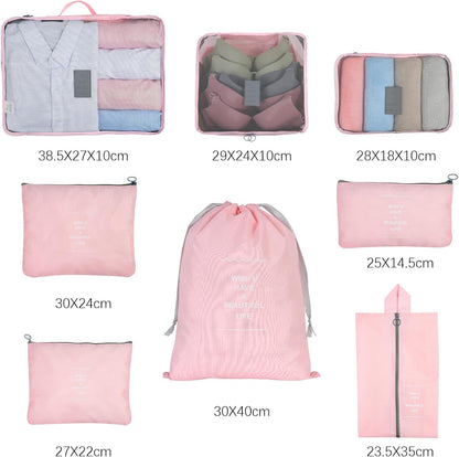 OTraki 8 Piece Suitcase Organizer, Space-Saving Travel Makeup Bag, Washable Travel Set (Pink)