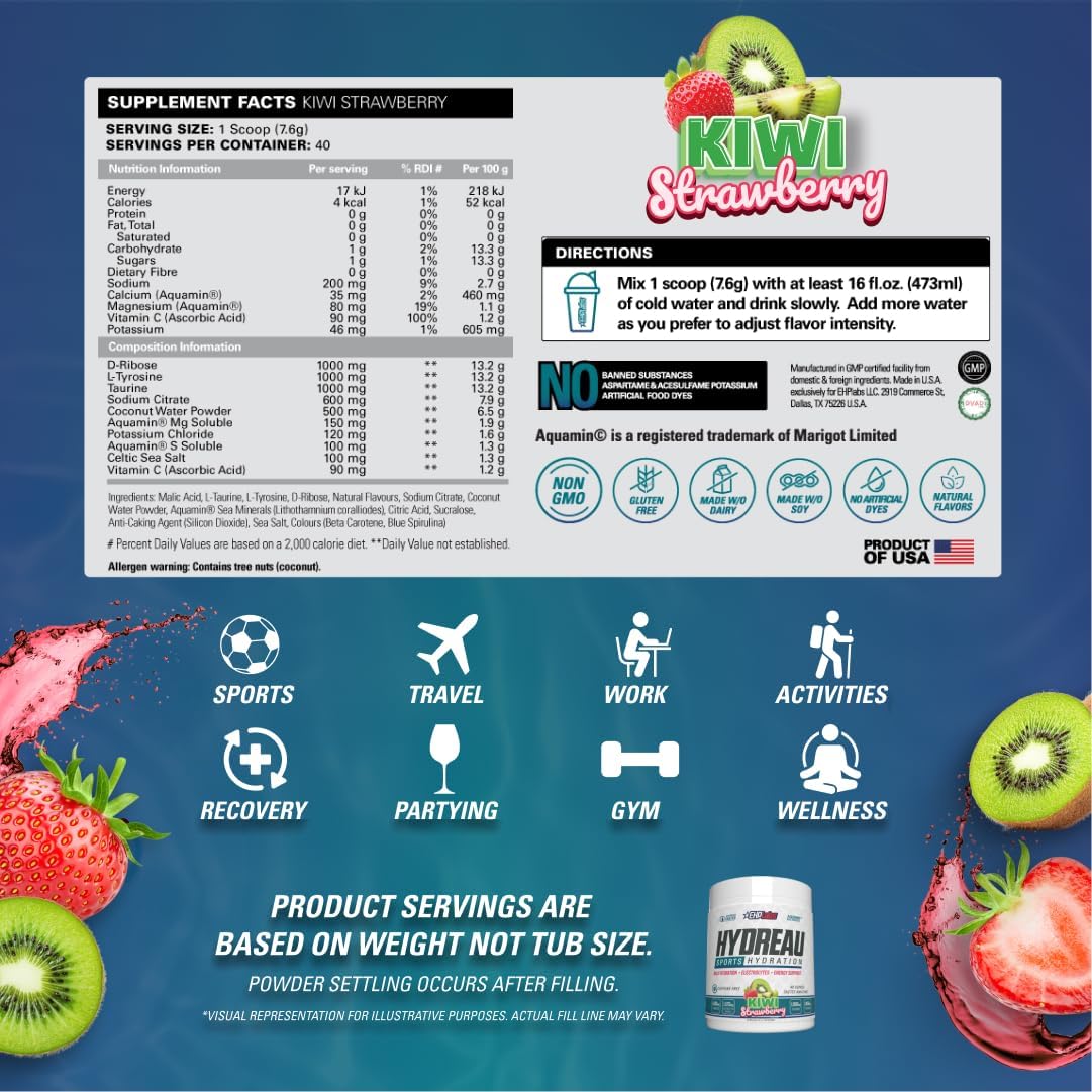 EHP Labs Hydreau Electrolytes Powder No Sugar - Hydration Powder for Endurance & Energy - Electrolyte Powder for Men & Women - Sugar Free Electrolytes - (Kiwi Strawberry, 40 Serves)
