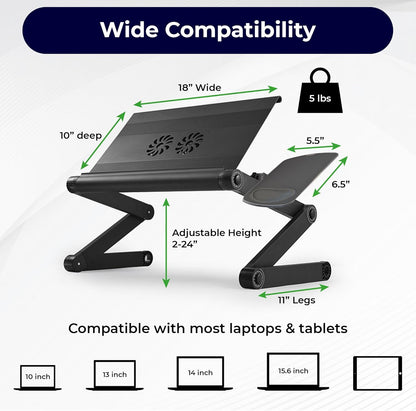 WorkEZ Cooling Adjustable Laptop Stand for Desk w/Fan USB Ports Mouse Pad Ergonomic Foldable Laptop Riser Portable Computer Stand Laptop Holder, Black