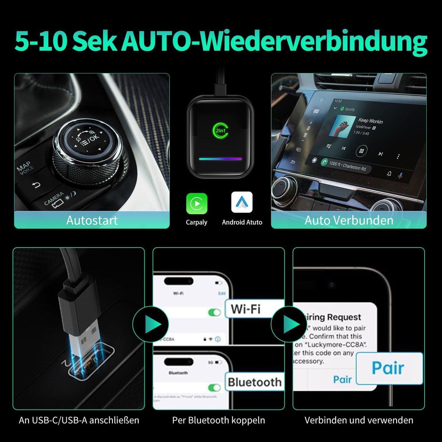 VANBAR Android Car Wireless and Carplay Adapter 2 IN 1, Apple Car Play Wireless Adapter Dongle for iOS, USB-A and USB-C Plug and Play, Suitable for Car with AA and Carplay