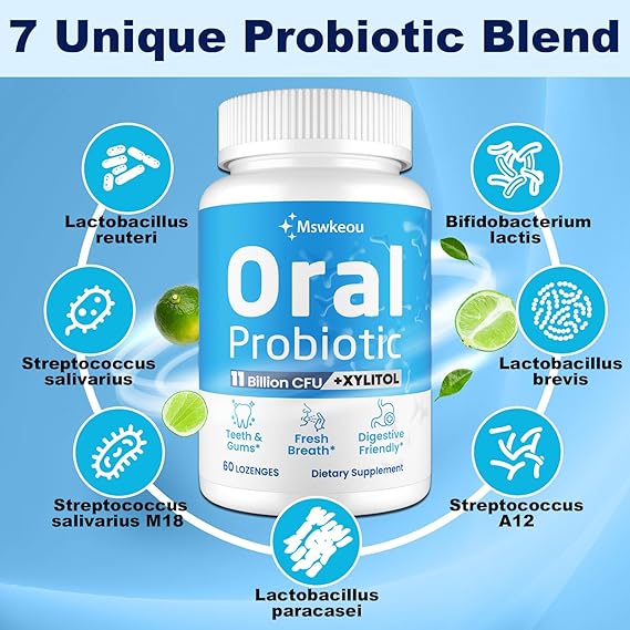 Oral Probiotics for Mouth Bad Breath Treatment for Adults 11 Billion CFU, Best Breath Oral Dental Probiotics for Teeth & Gums, Fresh Breath, Chronic Halitosis & Gut Health with M18, A12, 60 Tablets
