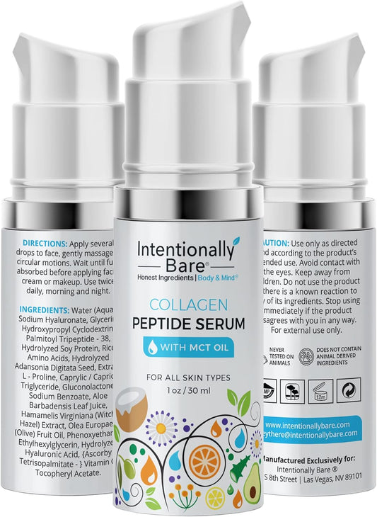 Intentionally Bare Collagen Peptide Serum with MCT Oil and Hyaluronic Acid - Keto for Your Face - Firming Brightening Anti Aging Facial Serum - Collagen Oil for Fine Lines - All Skin Types - 1oz