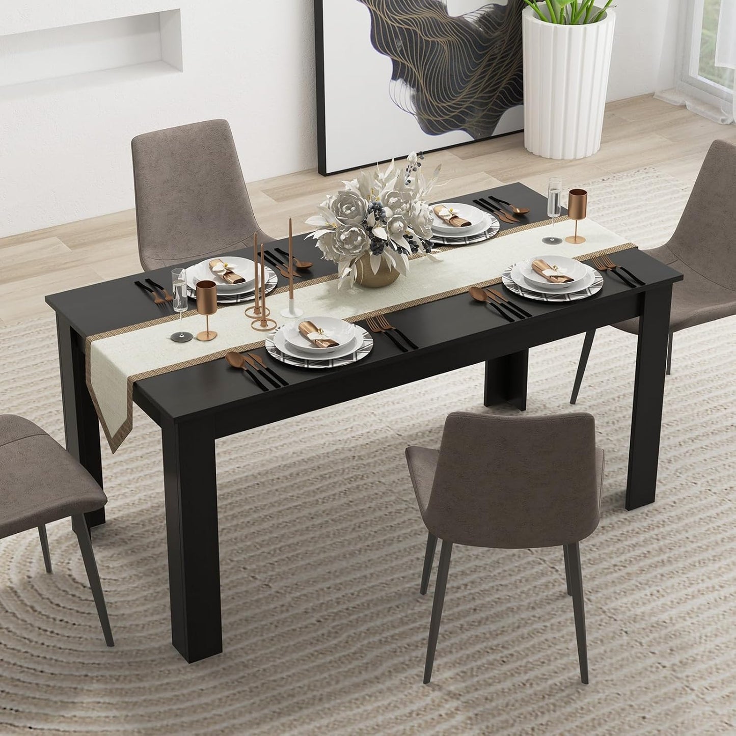 Giantex 160 CM Dining Table, Rectangular Dining Table with Sturdy L-Shaped Legs, Modern Kitchen & Dining Room Table, Seats up to 8, Black Finish