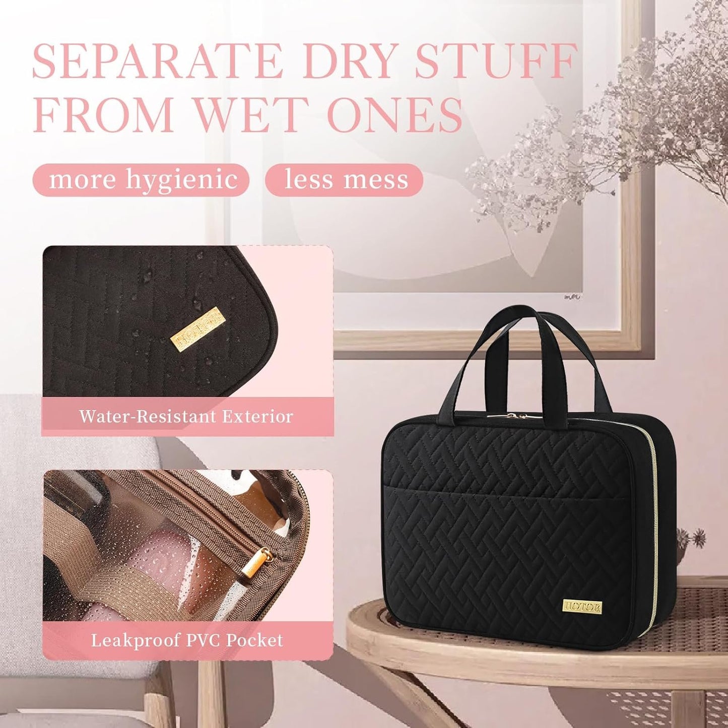 HOTOR Travel Toiletry Bag - Toiletry Bag w/Hanging Hook - Spacious Toiletry Bag for Women & Men, Makeup Bag/Big Comparment, Waterproof for Travel Accessories, Travel Essentials, Small, Black