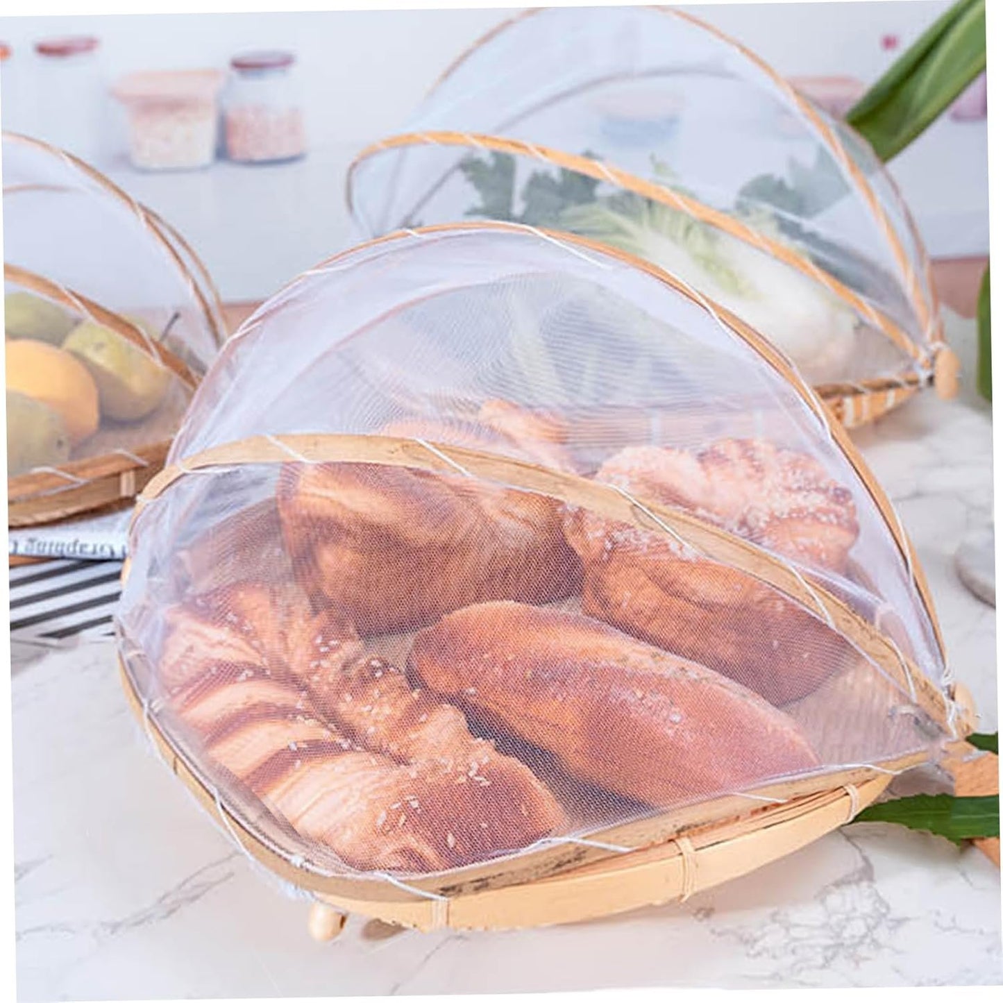 Fruit Basket with Cover 15x15 in Square Woven Bamboo Bread Basket with Lid Dust-Proof Mesh Wicker Food Serving Tent for Picnic Vegetable Fruits Meals