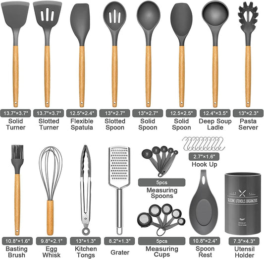34 Pcs Silicone Kitchen Utensils Set Heat Resistant with Premium Stainless Steel Handles for Cooking and Baking, Non-Stick Spatulas, Kitchen Utensils (Grey)