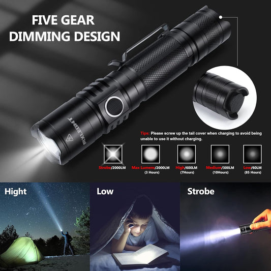 Handheld Tactical Flashlight - 2000 Lumen Super Bright Tactical Torch 5 Light Modes IPX7 Waterproof Powerful Flashlights for Outdoor Camping Hiking Emergency