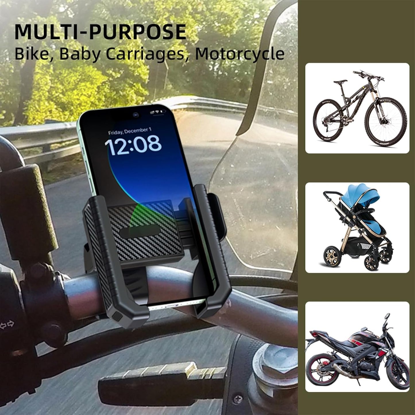 Motorcycle Phone Mount Holder - Camera Friendly、1s Lock Bike Phone Holder Handlebar Clamp, Bicycle Scooter Phone Clip, for iPhone 16 Pro Max, 15 14, 2.68~3.86" Wide Phones (Black)