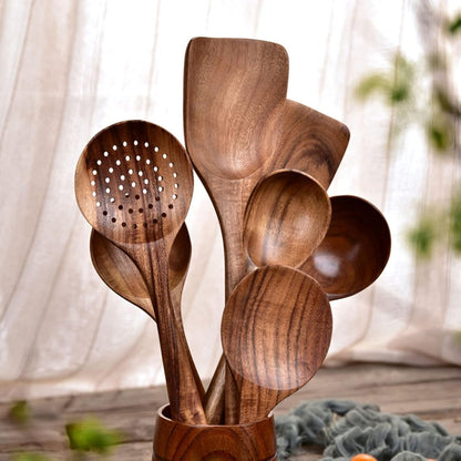 Yomiyuyr Wooden Spatula Spoon Set, Naturals Teak Wooden Cooking Utensils for Non Stick Pans, 7 Piece Set, eco friendlys Kitchen Tools with Hanging Hole