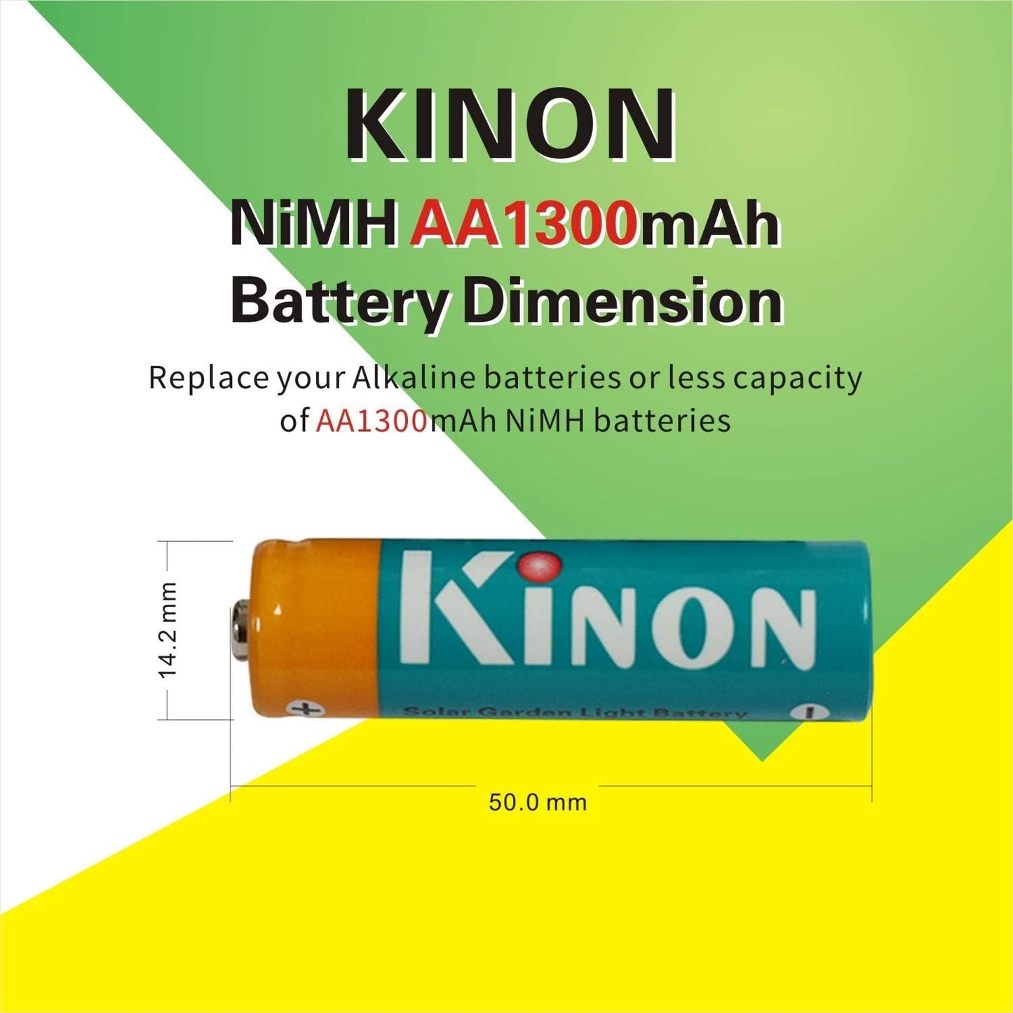 Kinon Double A Rechargeable Batteries 1.2V NiMH AA 1300mAh (12 Pieces) for Outdoor Solar Lamp Lawn Garden Lights Landscape Pathway Lights Backyard Porch and Patio Lights