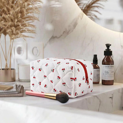 Floral Makeup Bag,Floral Quilted Makeup Bag,Large Cosmetic Bag,Fashionable Travel Makeup Pouch, Cute Cherry Makeup Bag,Puffy Coquette Makeup Bag, Attractive Quilted Makeup Bag