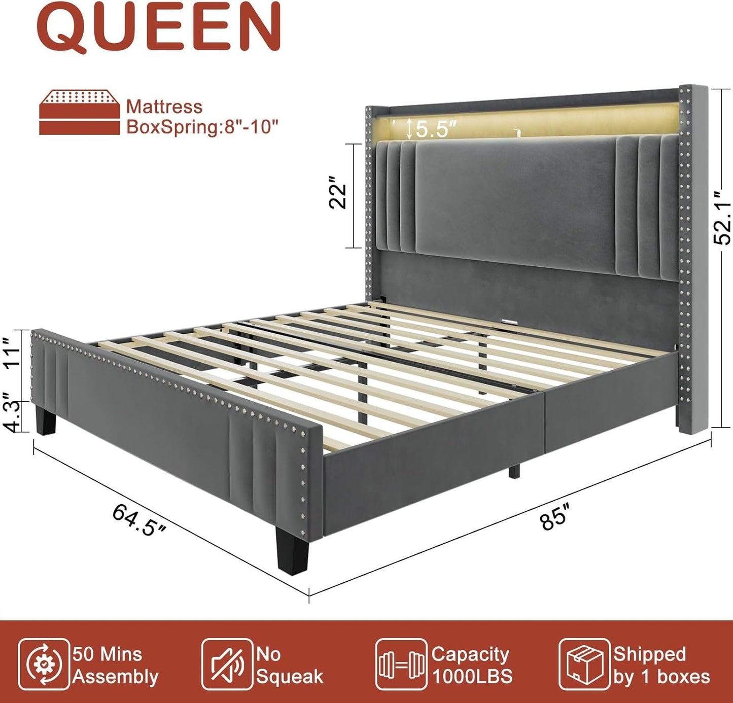 ROLETALENT Queen Bed Frame with Storage Tall Headboard & LED Light,Velvet Upholstered Bed Frame Queen Size with Charging Station,Platform Bed Frame,No Box Spring Needed Dark Grey