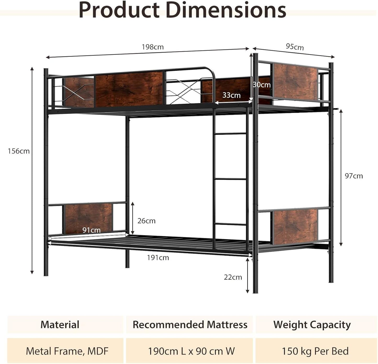 Giantex Metal Bed Frame, 2-in-1 Convertible Bed Single Over Single w/Ladder, Metal Slat Support, 30CM Safety Guardrails, Industrial Bed Frames with Anti-toppling Device, NO Box Spring Needed, Black
