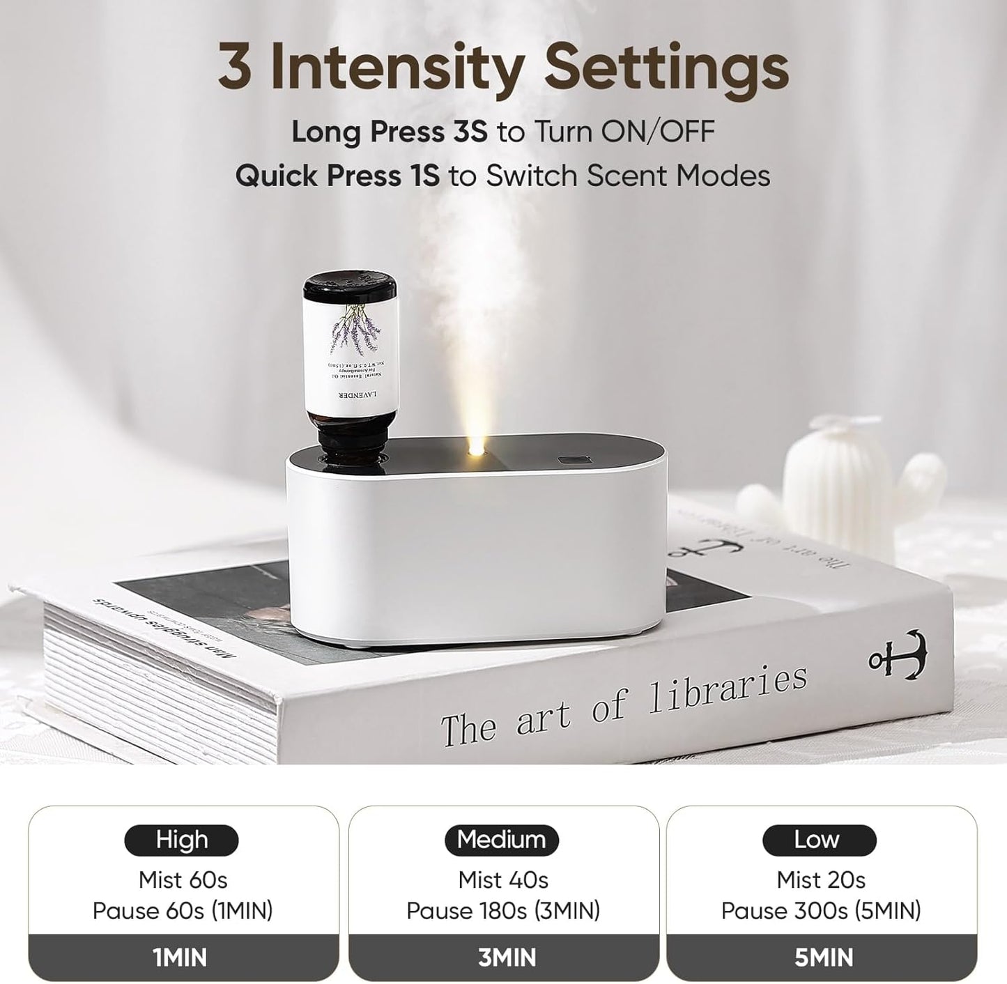 Waterless Diffuser for Essential Oil, Scent Air Aromatherapy Diffuser, Mini Portable Aroma Diffusers with 3 Mist Modes, Cycle Start, for 160 sq.ft Room Home Office Bedroom