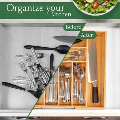 Utensil Drawer Organizer - 3" Deep 100% Bamboo Wooden Expandable Adjustable Kitchen Silverware Flatware Cutlery and Accessories Home Pantry Storage Organization Tray with Magnetic Lock