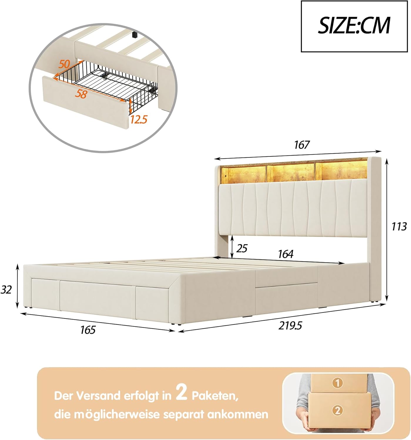 BRILVERDE Upholstered Bed, 160 x 200 cm, Double Bed with 4 Drawers and Slatted Base, LED Headboard with Storage, USB Charging Function, Velvet, Beige (160 x 200 cm)