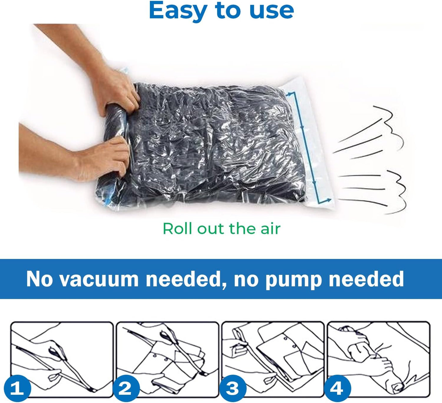 RoomierLife 8 Travel Space Saver Bags. Pack of 8 Bags, Size Medium to Large. Roll-Up Compression Storage (No Vacuum Needed) & Packing Organizers. Perfect for Travel and Home Storage