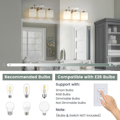 Capaaobc 3 Light Bathroom Light Fixtures, Brushed Nickel Vanity Lights Over Mirror for Bathroom, Modern Bathroom Vanity Light with Milky White Glass Shades, Anti-Rust E26 Base Lighting Fixtures