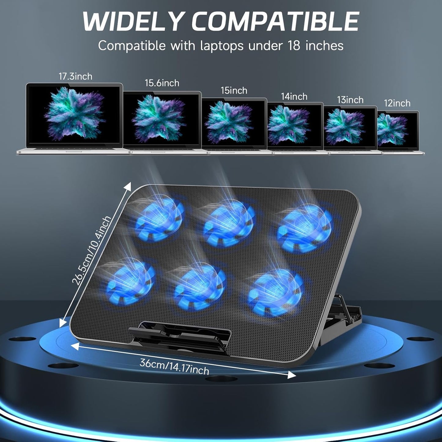 Naxifly Laptop Cooling Pad,Laptop Cooler with 6 Quiet Fans,6 Height ＆ 2000-2400 Wind Speed Adjustable,2 USB Port Gaming Cooling Stand for 12-18 Inch Notebook,Gaming Fan Stable Stand(Black)