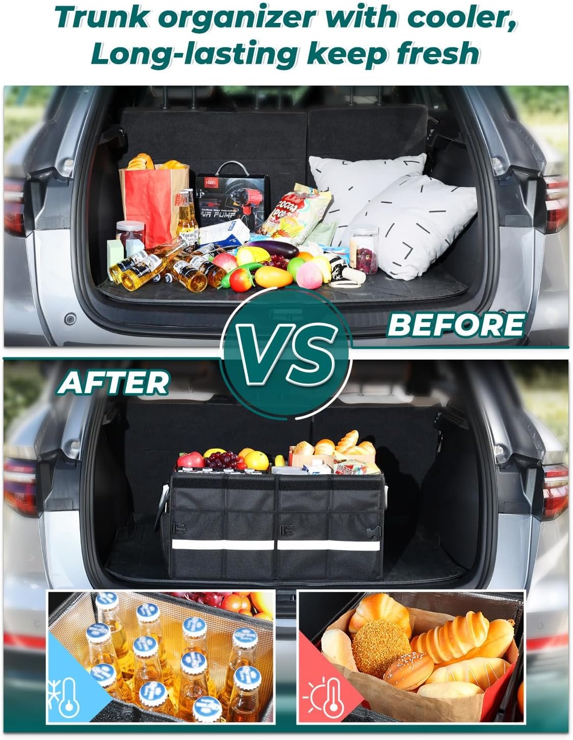 YOHOOLYO Trunk Organizer for SUV Large Insulated Car Storage Organizer Collapsible Multi-compartments Pockets Trunk Cooler Box Portable Grocery Cargo Container with Aluminium Handles, Lid Black E3W