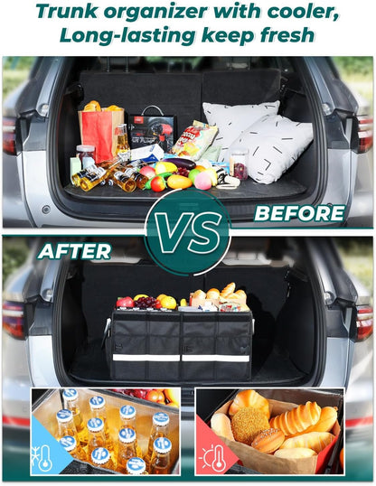 YOHOOLYO Trunk Organizer for SUV Large Insulated Car Storage Organizer Collapsible Multi-compartments Pockets Trunk Cooler Box Portable Grocery Cargo Container with Aluminium Handles, Lid Black E3W