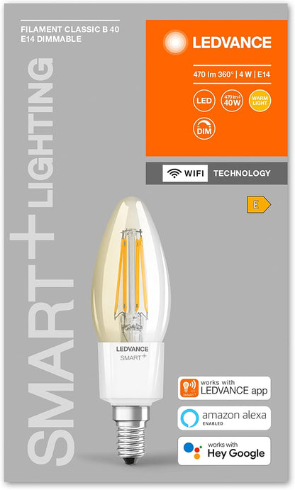 LEDVANCE Wifi Smart LED Bulb, E14 Base, Dimmable Warm White (2700K) Candle Shape, Clear Filament, 40W Replacement Bulbs, Controllable with Alexa, Google, App, 1-Pack