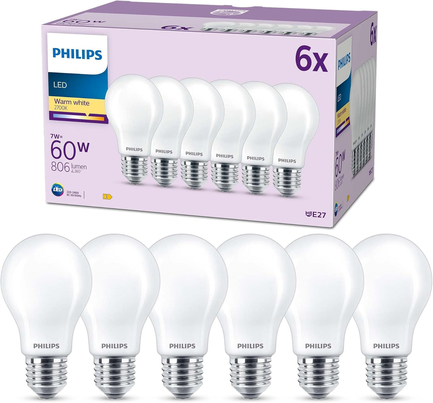Philips LED Frosted A60 Light Bulb 6 Pack [Warm White 2700K - E27 Edison Screw] 60W, Non Dimmable. for Home Indoor Lighting