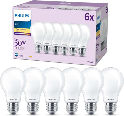 Philips LED Frosted A60 Light Bulb 6 Pack [Warm White 2700K - E27 Edison Screw] 60W, Non Dimmable. for Home Indoor Lighting