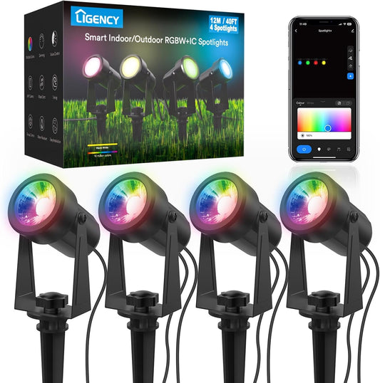 Smart Landscape Spotlights, 4 Pack Wired RGBW Led Accent Outdoor Spot Lights, Waterproof Outside Low Voltage Up Lighting for Yard Garden House