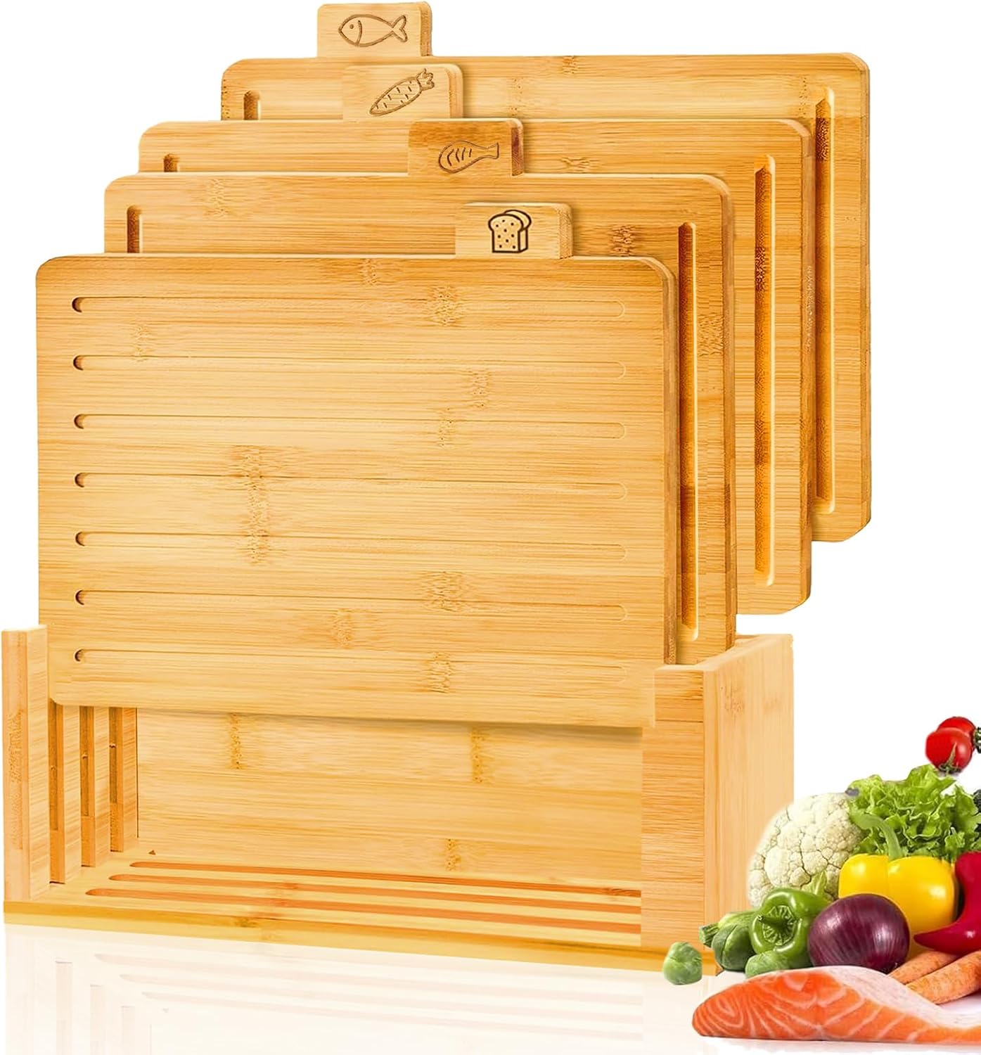4 Pieces Bamboo Chopping Board with Stand, Thick Cutting Boards Set with Juice Groove, Serving Tray, Cheese Board Mats and Holder, for Cutting Meat, Fruits, Vegetables, Kitchen Tools Gadgets