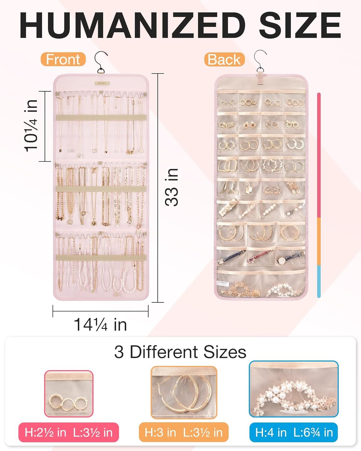 BAGSMART Hanging Jewelry Organizer Storage Roll with Hanger Metal Hooks Double-Sided Jewelry Holder for Earrings, Necklaces, Rings on Closet, Wall, Door, 1 piece, Large, Pink