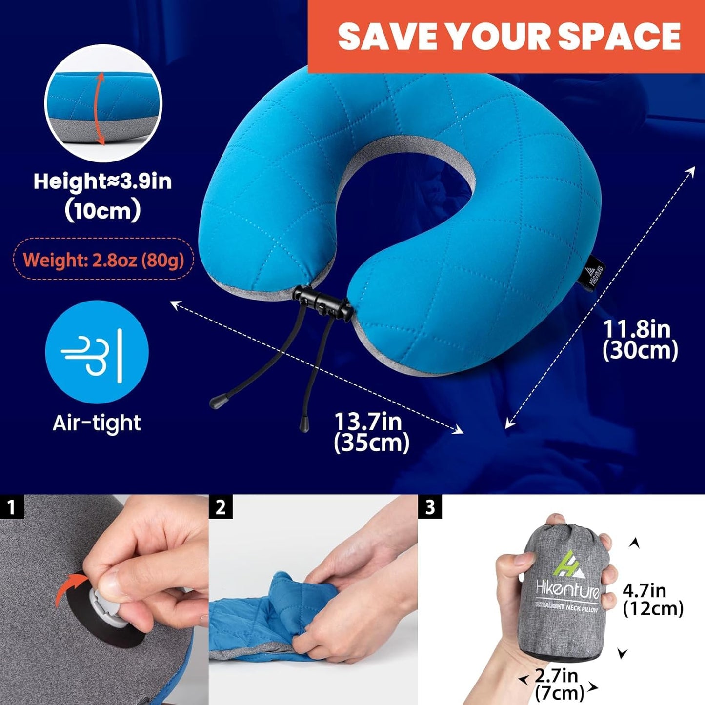 HIKENTURE Travel Pillow, Ultralight Inflatable Neck Pillow, Fully Inflated in 3 Breaths, Ergonomic Travel Neck Pillow for Airplane & Car, Portable Flight Pillow with Adjustable Softness(Blue)