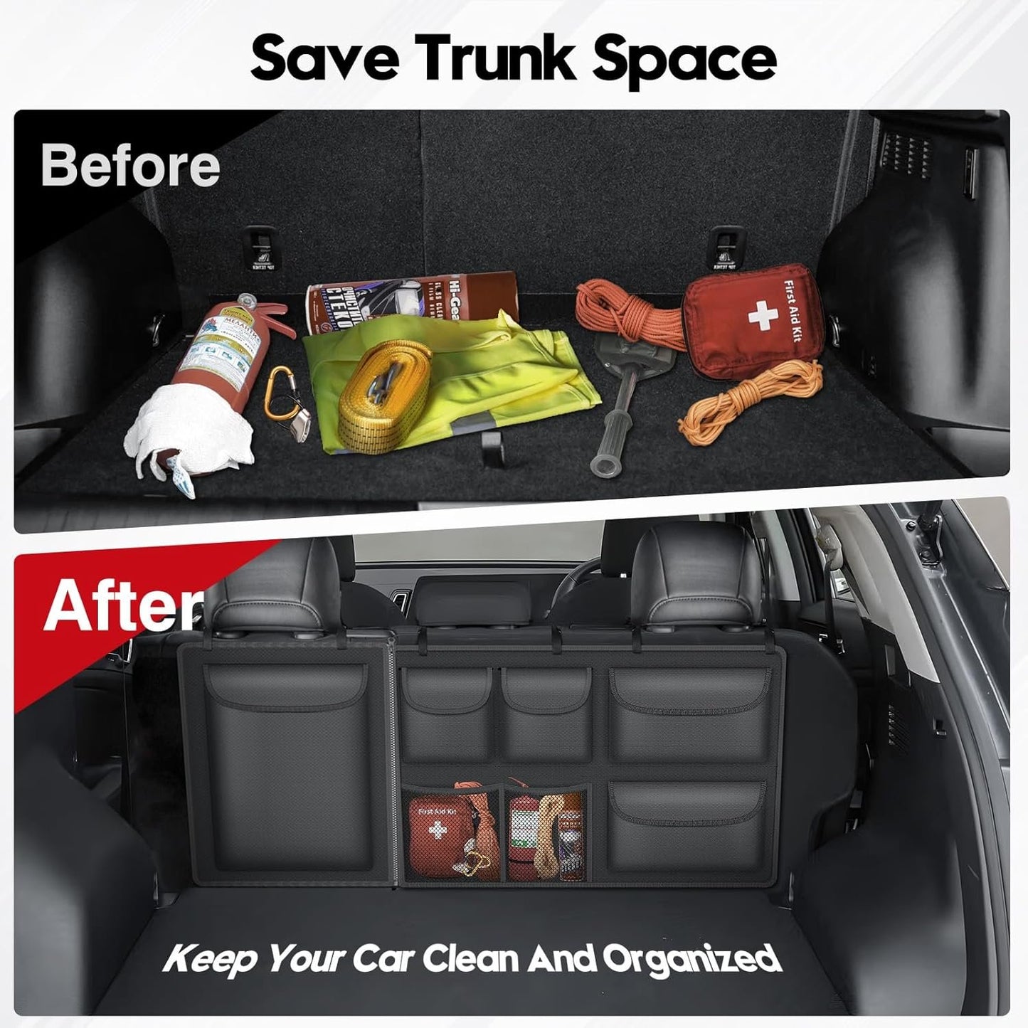 Hanging Trunk Organizer for SUV, Super Capacity Detachable Car Trunk Organizers Back Seat, Foldable Cargo Storage Bag with 7 Pockets & Adjustable Straps for SUVs, Jeeps, Minivans, Maximize Your Space