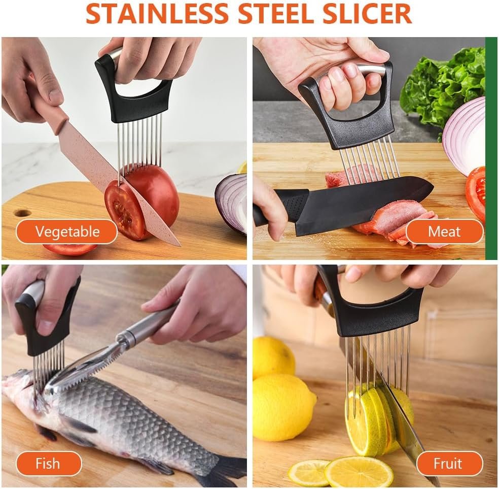 AUAUY 2pcs Onion Holder, Onion Slicer Holder, Vegetable Potato Cutter, Vegetable Cutter, Slicer, Fork Slicer, Helper Tool, Food Slice Assistant, Chopper Cutting