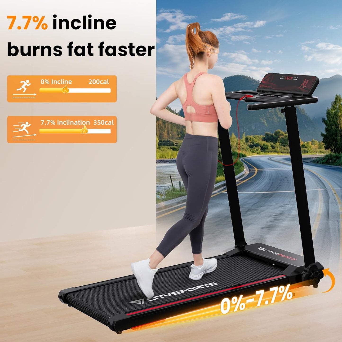 CITYSPORTS Folding Electric Treadmill 1-12 km/h, Inclination 7.7%
