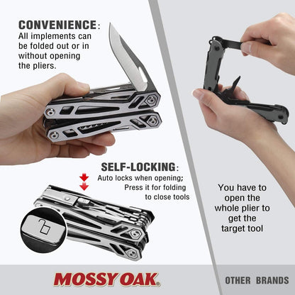 MOSSY OAK 21-in-1 Multitool, Premium Stainless Steel Multi Tool Pocket Knife, Screwdriver Sleeve with 4Pcs Alternative Bits, Safe-Locking, Multitool Plier for Outdoor and Repair with Nylon Pouch